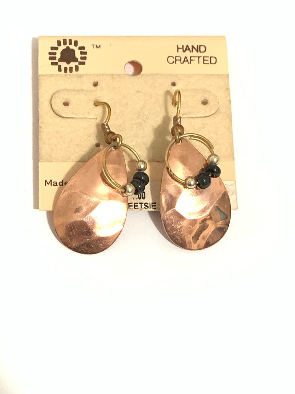 Handcrafted Copper Teardrop Earrings with Black Bead Accent